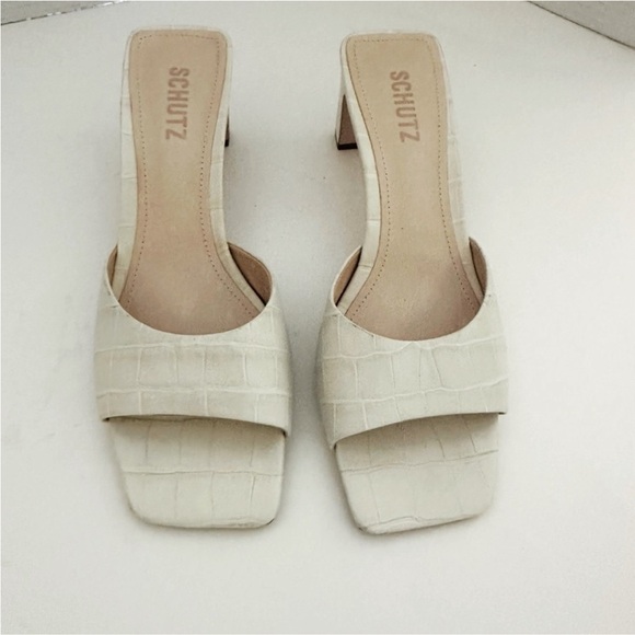 Schutz The Queliana Croc Embossed Mule Block Heel Slip-On Sandal,White, Size 8.5 - Picture 7 of 11